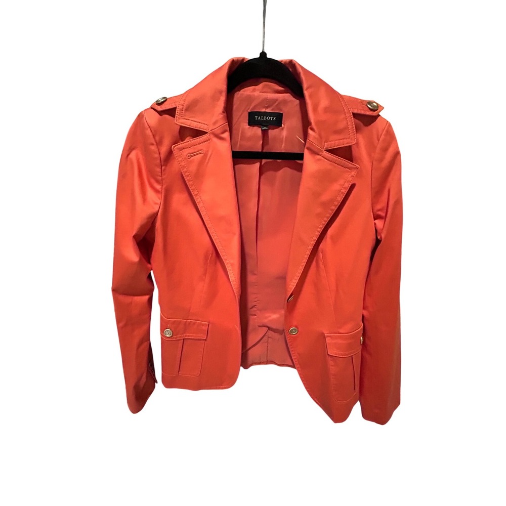 Talbots Women Coral Orange Military Epaulette Stretch Cotton Blazer Jacket